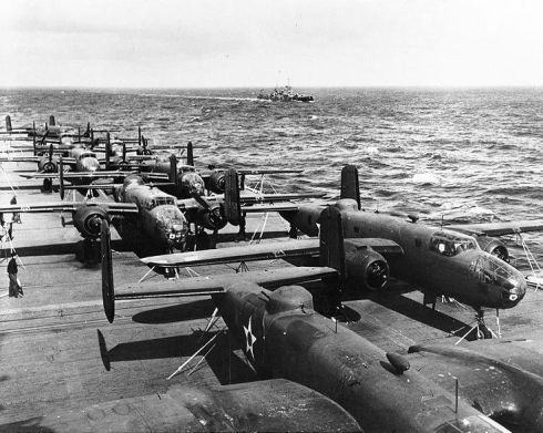 Doolittle's B-25's on the deck of the USS Hornet.  (Courtesy: US Navy archives)