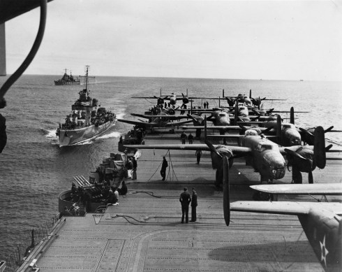 Doolittle's B-25's on the deck of the USS Hornet.  (Courtesy: US Navy archives)